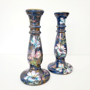 VTG Oriental Style Cloisonne Design Candle Holders Set of 2